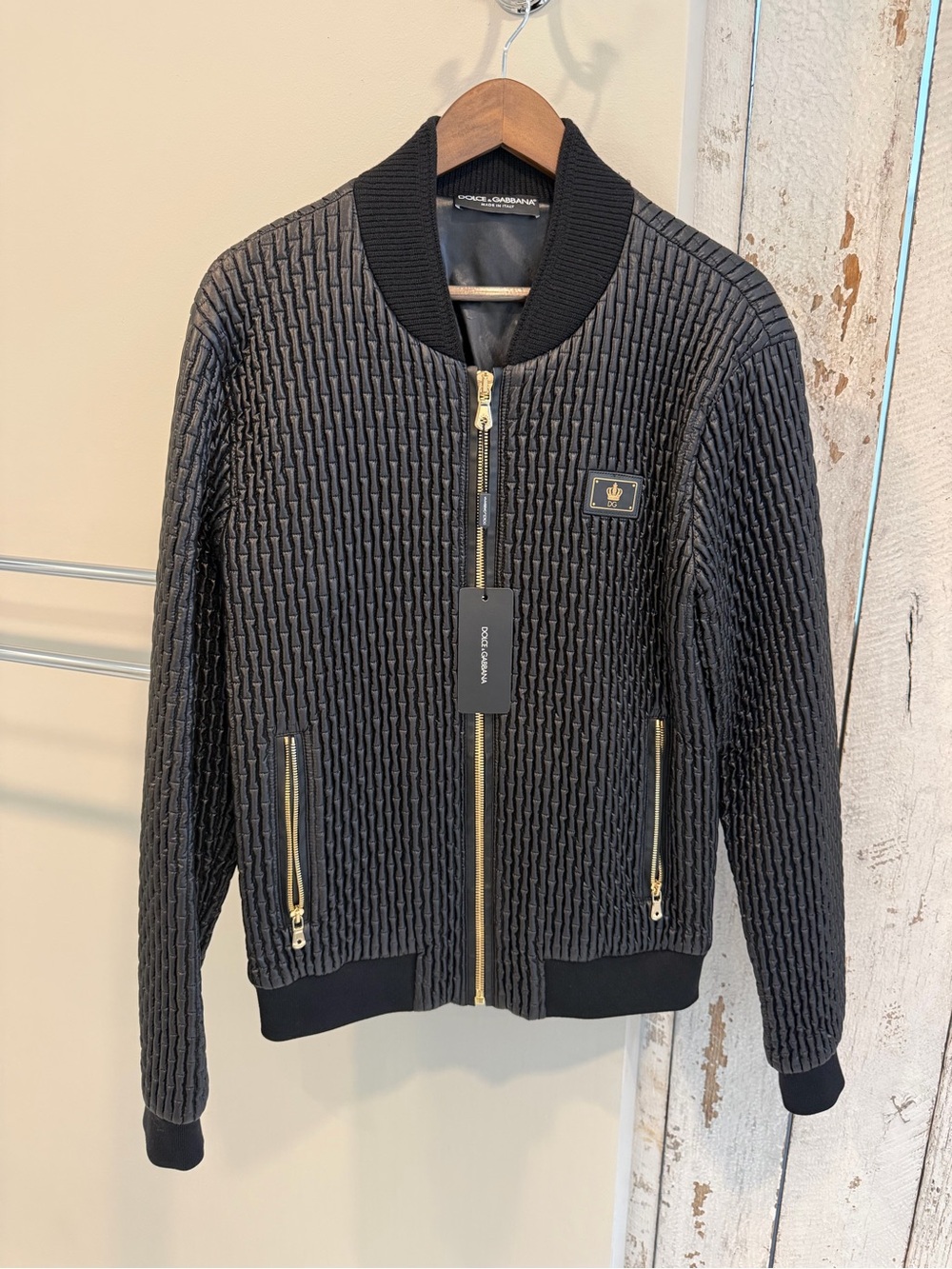 Dolce & Gabbana Black Textured Bomber Jacket with Gold Hardware
